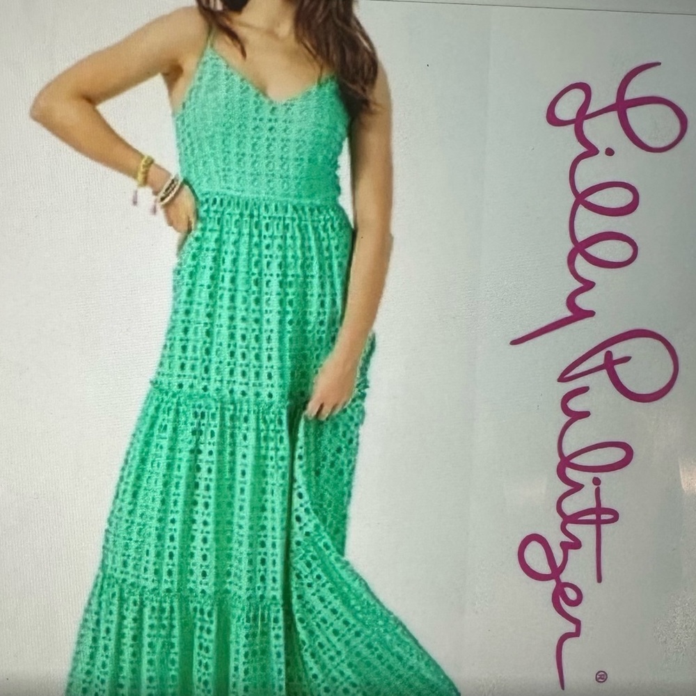 Lilly Pulitzer Green Tiered Eyelet Maxi Dress size 12.